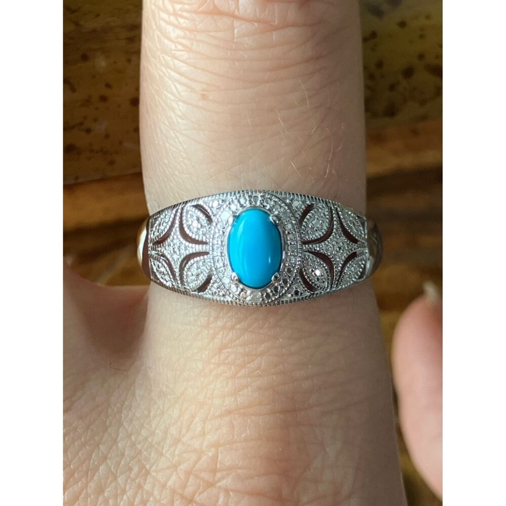 Sleeping Beauty Turquoise White Diamond Sterling Silver Art Deco Ring Size 8.75
